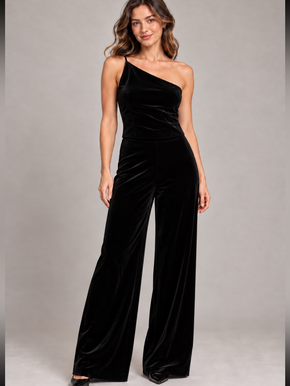 Vintage AnnTaylor Velvet Evening Set:  
One-Shoulder Top & Coordinating Pants